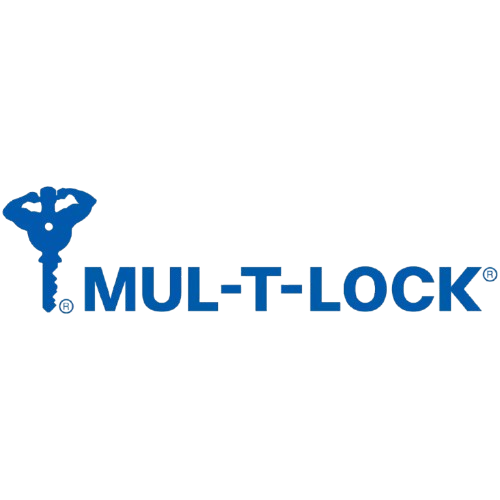 Logotipo oficial de mul t lock en color azul con icono de llave